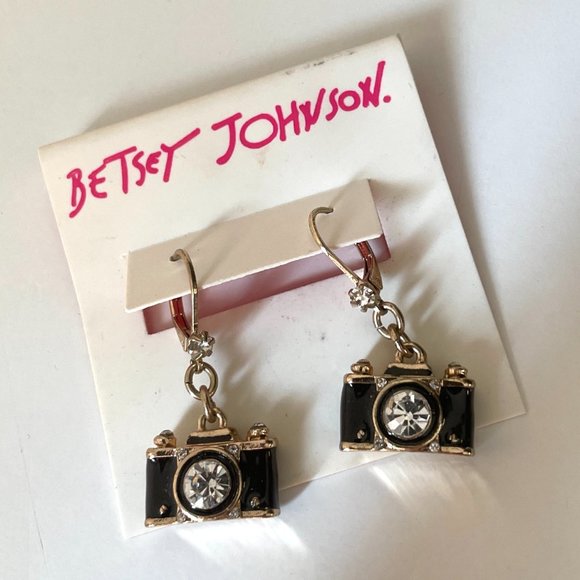 Betsey Johnson Royal Engagement Drop Earrings Gold Tone Rhinestone Black Enamel - Picture 4 of 13